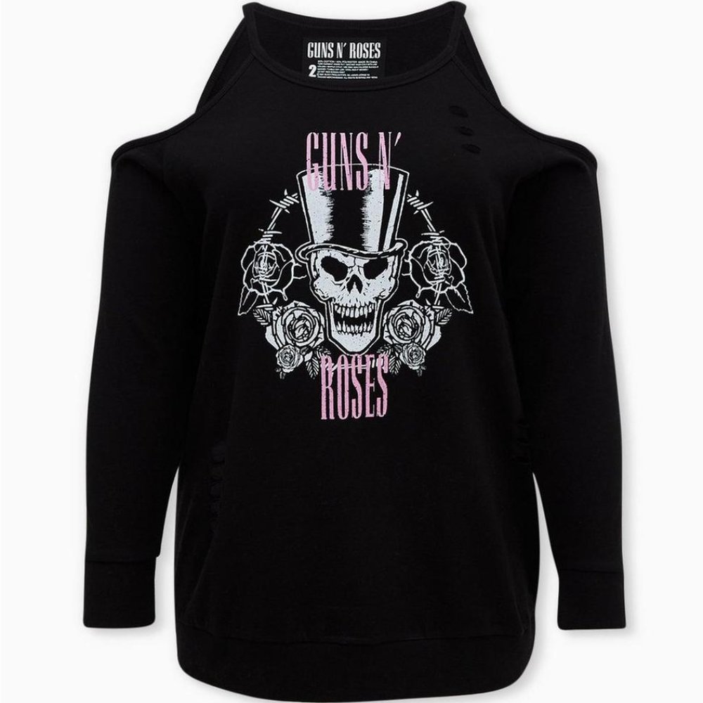 Torrid  Guns N' Roses Black Terry Cold Shoulder Sweatshirt Size 2 PLUS Women